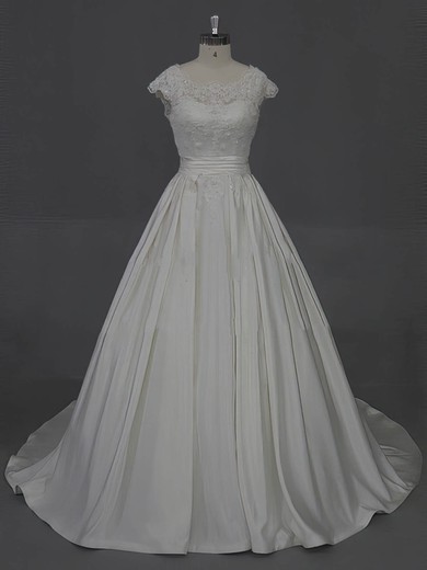 Scoop Neck Appliques Lace Cap Straps Ivory Taffeta Court Train Wedding Dress #PDS00022016