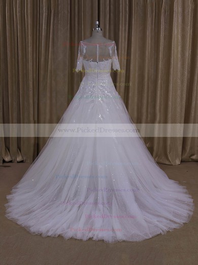 Court Train Ivory Tulle Appliques Lace 1/2 Sleeve Scoop Neck Wedding Dresses #PDS00022019