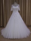 Court Train Ivory Tulle Appliques Lace 1/2 Sleeve Scoop Neck Wedding Dresses #PDS00022019
