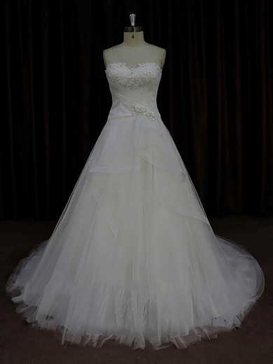 Designer Ivory Tulle Satin Appliques Lace Sweetheart Court Train Wedding Dress #PDS00022023