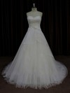 Designer Ivory Tulle Satin Appliques Lace Sweetheart Court Train Wedding Dress #PDS00022023