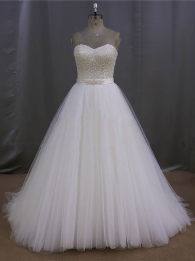 Ivory Tulle Sweetheart Pearl Detailing Lace-up Sweep Train Wedding Dress #PDS00022026