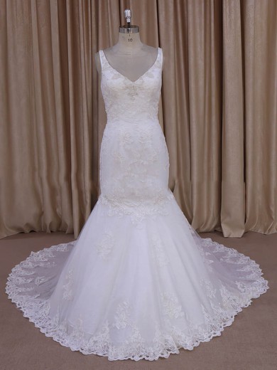 Trumpet/Mermaid Appliques Lace Ivory Tulle V-neck New Arrival Wedding Dress #PDS00022030