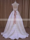 Ivory Satin Scoop Neck Lace-up Sweep Train Appliques Lace Wedding Dresses #PDS00022031
