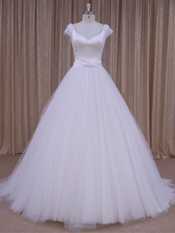 White Satin Tulle Beading Short Sleeve V-neck Open Back Wedding Dresses #PDS00022033