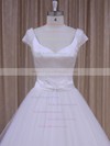 White Satin Tulle Beading Short Sleeve V-neck Open Back Wedding Dresses #PDS00022033