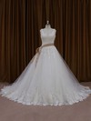 Modest Ivory Tulle Appliques Lace Chapel Train Ball Gown Wedding Dresses #PDS00022035