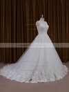 Modest Ivory Tulle Appliques Lace Chapel Train Ball Gown Wedding Dresses #PDS00022035