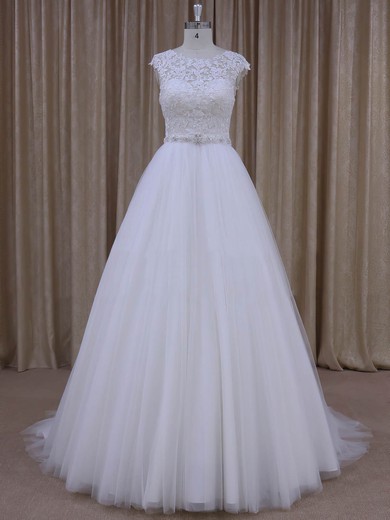 Open Back Scoop Neck Tulle Appliques Lace Cap Straps White Wedding Dresses #PDS00022036