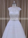Open Back Scoop Neck Tulle Appliques Lace Cap Straps White Wedding Dresses #PDS00022036