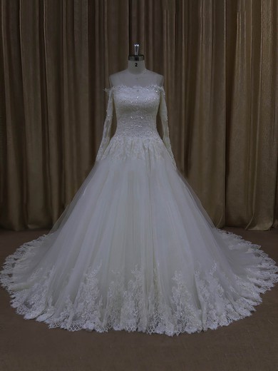 Elegant Off-the-shoulder Ivory Tulle Appliques Lace Long Sleeve Wedding Dresses #PDS00022037