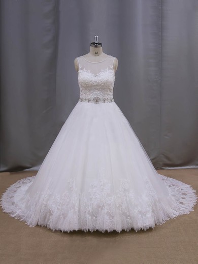 Beautiful Ivory Scoop Neck Tulle Appliques Lace Ball Gown Wedding Dresses #PDS00022038