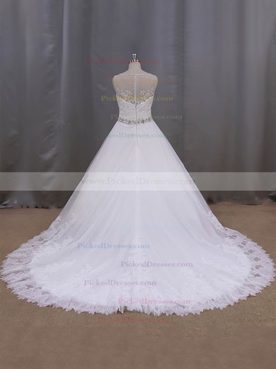 Beautiful Ivory Scoop Neck Tulle Appliques Lace Ball Gown Wedding Dresses #PDS00022038