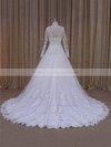 Fabulous Scalloped Neck Ivory Tulle Appliques Lace Long Sleeve Wedding Dresses #PDS00022040