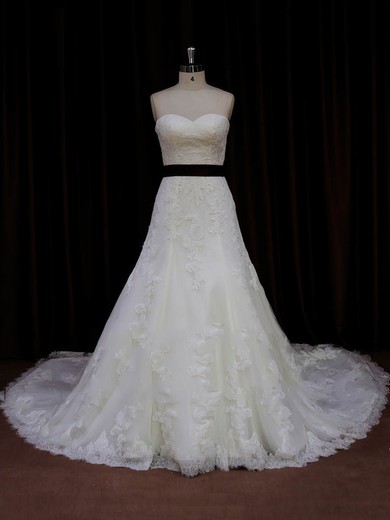 New Sweetheart Lace Tulle Sashes/Ribbons Ivory Cathedral Train Wedding Dresses #PDS00022042