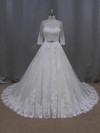 Ball Gown Scoop Neck Appliques Lace Ivory Tulle 3/4 Sleeve Wedding Dresses #PDS00022043