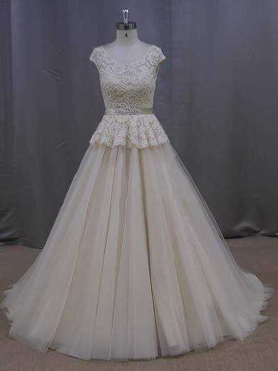 Scoop Neck Court Train Lace Tulle Sashes/Ribbons Graceful Champagne Wedding Dresses #PDS00022053
