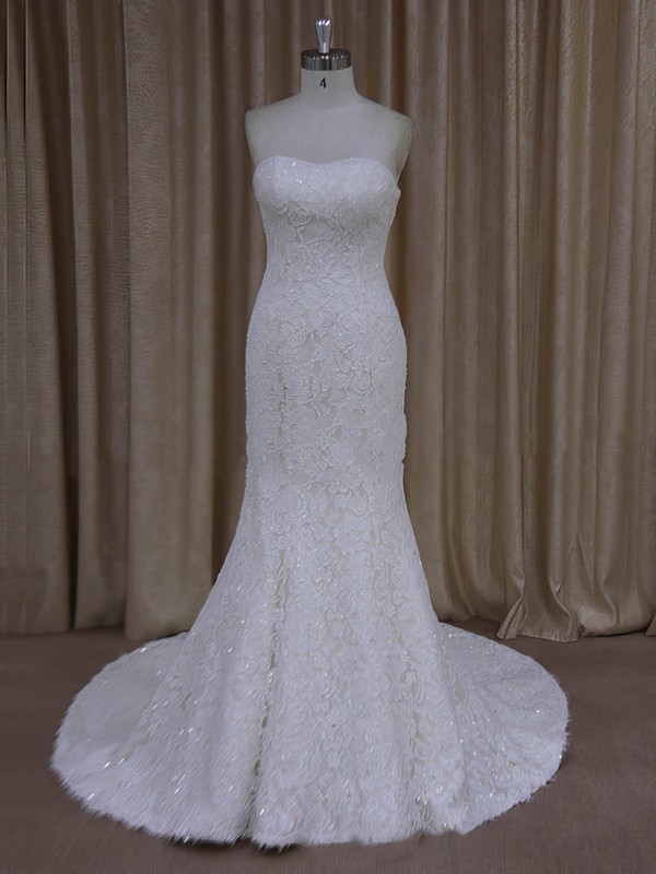 Trumpet/Mermaid Strapless Ivory Lace Beading Modern Wedding Dresses #PDS00022055