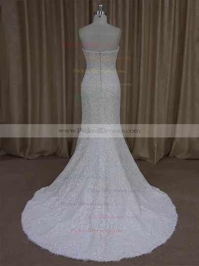 Trumpet/Mermaid Strapless Ivory Lace Beading Modern Wedding Dresses #PDS00022055