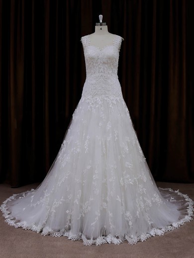 Online Sweetheart Tulle Appliques Lace Court Train Ivory Wedding Dresses #PDS00022057