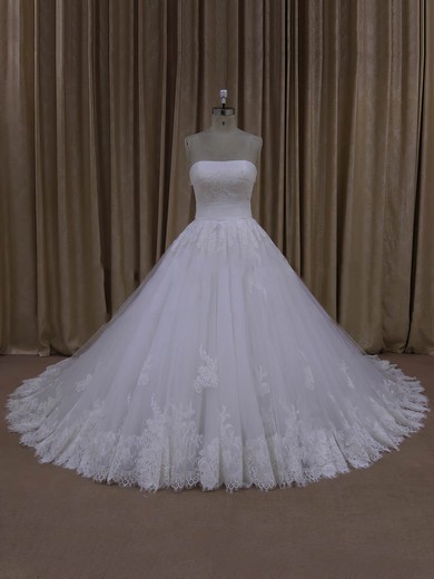Discount Ball Gown Tulle Appliques Lace Ivory Strapless Wedding Dresses #PDS00022062