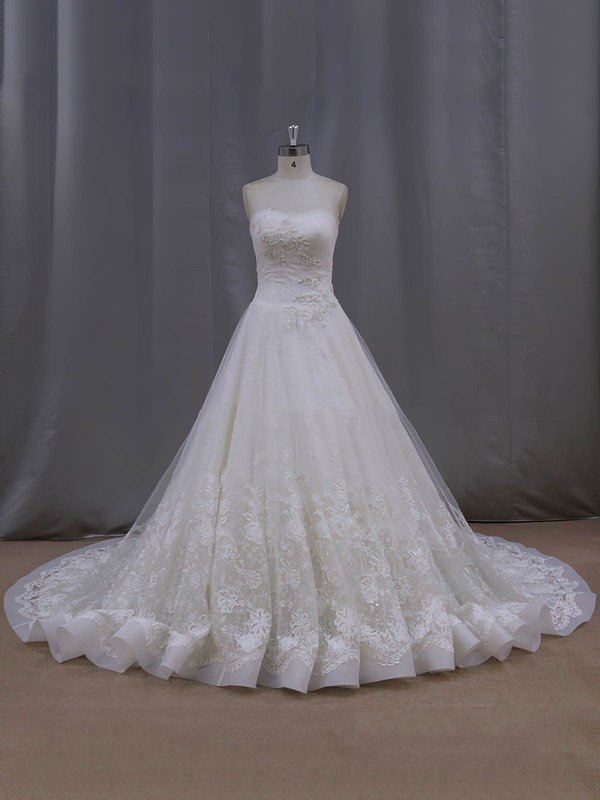 Chapel Train Ivory Lace Tulle Beading Affordable Strapless Wedding Dresses #PDS00022063