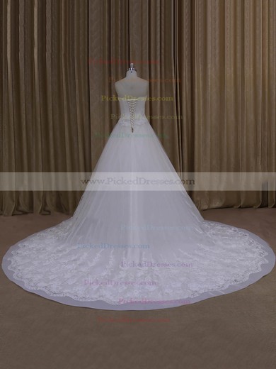 Elegant Strapless Ivory Tulle Appliques Lace Chapel Train Wedding Dresses #PDS00022065