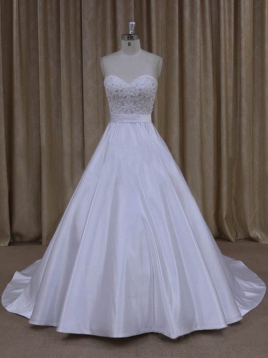 Wholesale Sweetheart Satin Beading Court Train White Wedding Dresses #PDS00022068