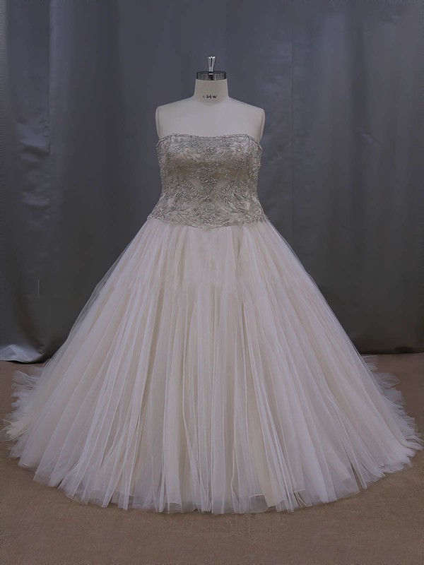 Sweetheart Tulle Crystal Detailing Court Train Fashion Champagne Wedding Dresses #PDS00022069