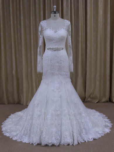 White Tulle Trumpet/Mermaid with Appliques Lace Long Sleeve Wedding Dresses #PDS00022071