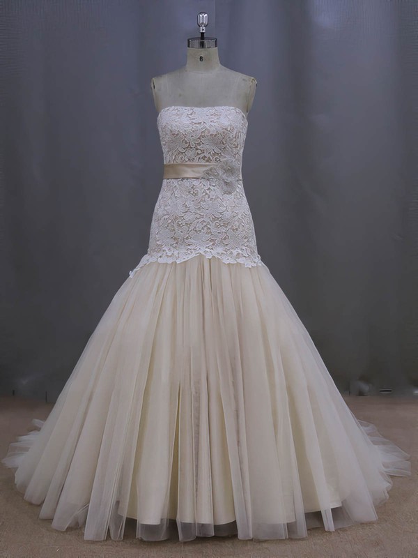 Gorgeous Strapless Champagne Lace Tulle Sashes/Ribbons Trumpet/Mermaid Wedding Dresses #PDS00022082