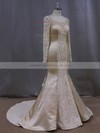 Luxurious Trumpet/Mermaid Scoop Neck Champagne Lace Satin Long Sleeve Wedding Dresses #PDS00022083
