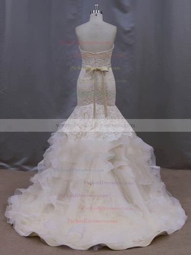 Champagne Court Train Tiered Lace Tulle Trumpet/Mermaid Classic Wedding Dresses #PDS00022086