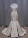 Lace Satin Bow Court Train Modern Champagne Off-the-shoulder Wedding Dresses #PDS00022087