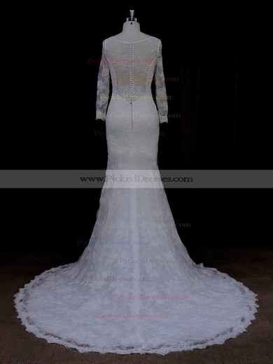Long Sleeve V-neck Ivory Lace with Buttons Trumpet/Mermaid Wedding Dresses #PDS00022089