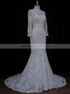 Long Sleeve V-neck Ivory Lace with Buttons Trumpet/Mermaid Wedding Dresses #PDS00022089