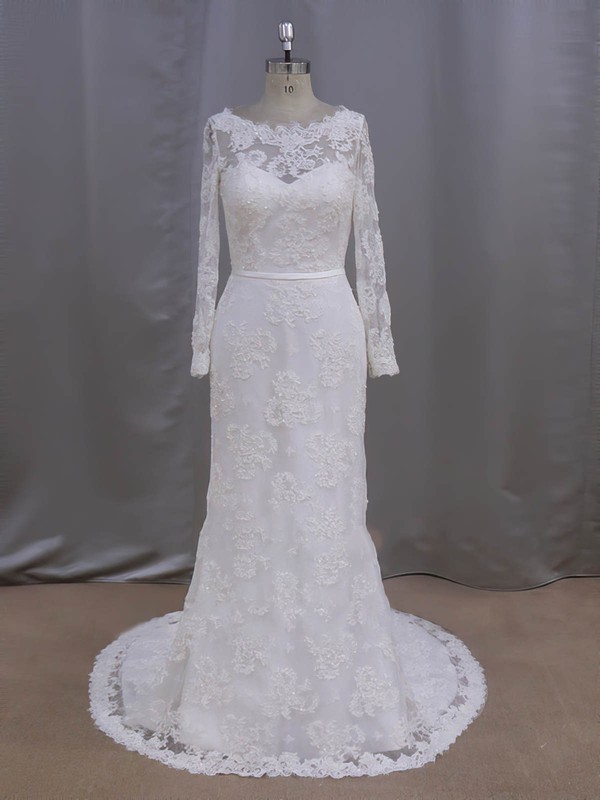 Sheath/Column Lace with Sequins Ivory Court Train Long Sleeve Wedding Dresses #PDS00022090