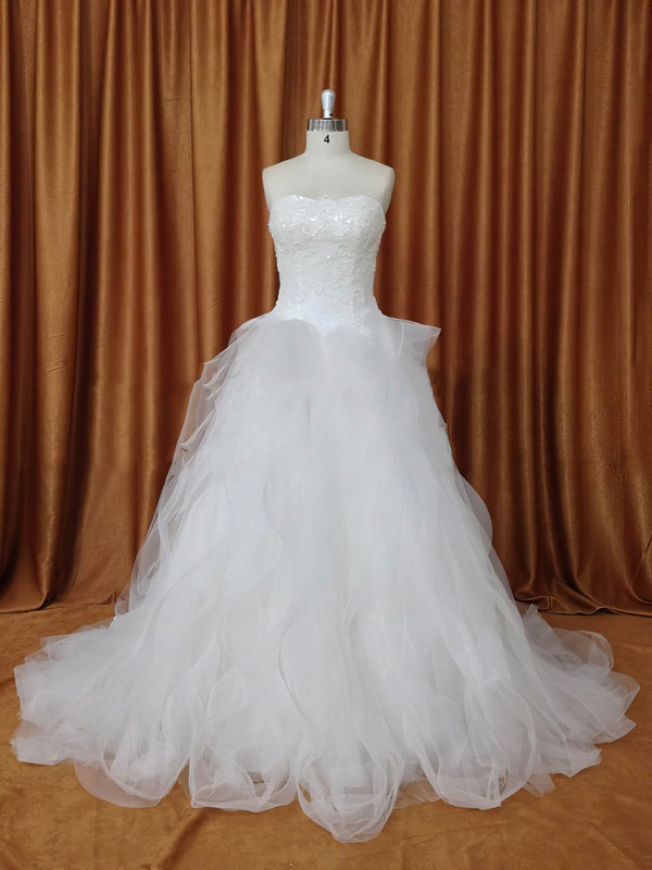Strapless Tulle Chapel Train Appliques Lace Ivory Fabulous Wedding Dresses #PDS00022094