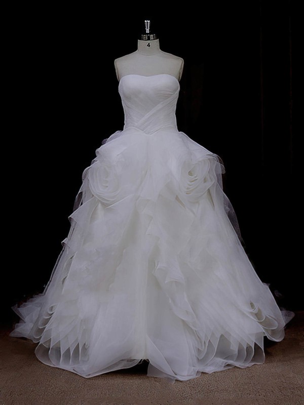 Court Train Ruffles Tulle Ivory Lace-up Princess Designer Wedding Dresses #PDS00022095