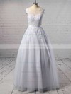 Scoop Neck Tulle Appliques Lace Floor-length Lace-up White Wedding Dress #PDS00022503