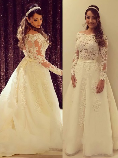 A-line Off-the-shoulder Tulle Appliques Lace Perfect Long Sleeve Wedding Dress #PDS00022504