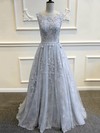 Elegant Scoop Neck Tulle Sweep Train Appliques Lace Open Back Wedding Dresses #PDS00022507