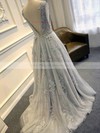 Elegant Scoop Neck Tulle Sweep Train Appliques Lace Open Back Wedding Dresses #PDS00022507