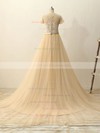 Champagne Tulle Appliques Lace Court Train Classy Short Sleeve Wedding Dresses #PDS00022511