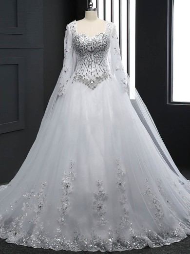 Expensive Ball Gown Tulle Crystal Detailing Chapel Train Long Sleeve Wedding Dresses #PDS00022512