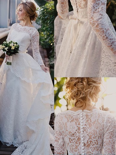 Scalloped Neck Lace Sashes / Ribbons Sweep Train Long Sleeve Perfect Wedding Dresses #PDS00022513