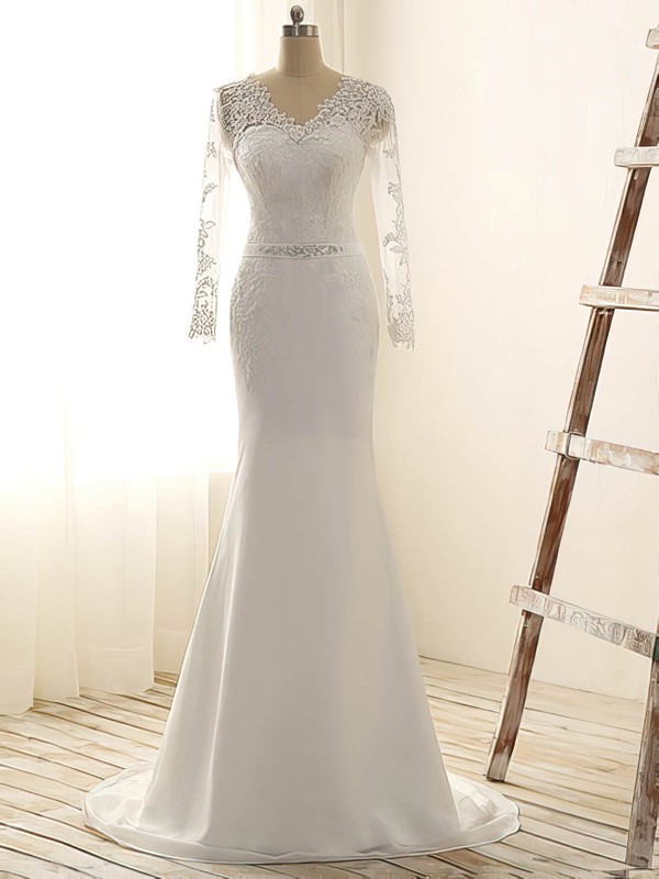 Discount V-neck Chiffon Appliques Lace Trumpet/Mermaid Long Sleeve Wedding Dress