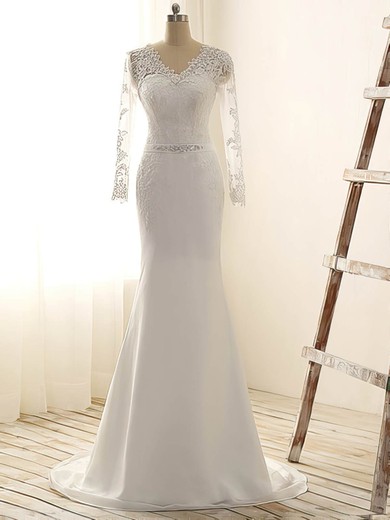 Discount V-neck Chiffon Appliques Lace Trumpet/Mermaid Long Sleeve Wedding Dress #PDS00022515