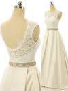 Scoop Neck Elastic Woven Satin Lace Sashes / Ribbons Sweep Train Open Back New Wedding Dress #PDS00022517