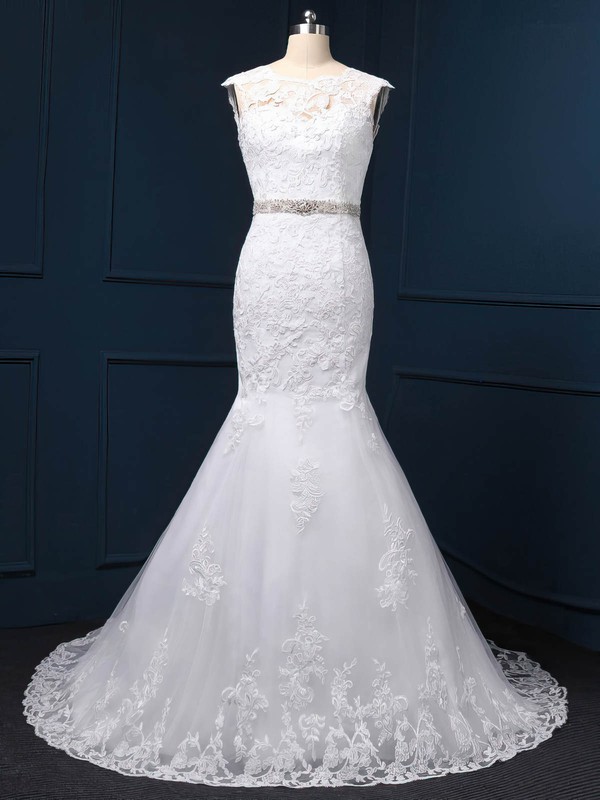 Exclusive White Tulle Appliques Lace Scoop Neck Trumpet/Mermaid Wedding Dress #PDS00022519